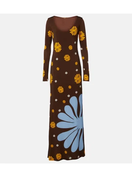 Rochie maxi Cala De La Cruz cu model floral din jerseu maro