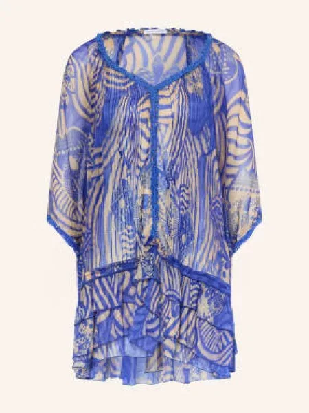 Poupette St Barth Plážové Šaty Nava Z Hedvábí S Rukávy modrá / světle šedá