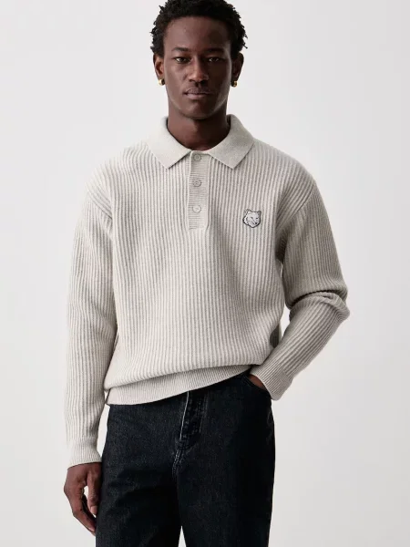 Maison Kitsuné Fox Head Wool Ribbed Polo sweter wełniany