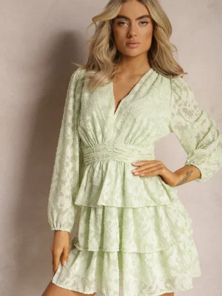 Rochie mini deschis evazată cu volane și falduri Sealine verde