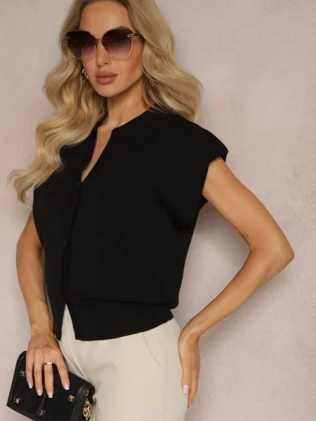Casualowa Bluzka Polo w Stylu Dzianinowej Kamizelki z Usztywnionymi Ramionami Aidelma czarna
