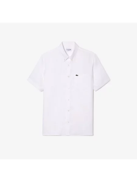 Lacoste Lniana Koszula Z Krótkim Rękawem biała