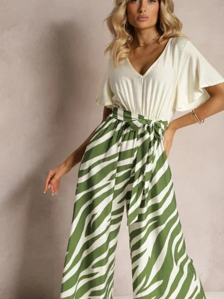 Salopeta Verde-Albă cu din și Mâneci Lărgi Nellda alb