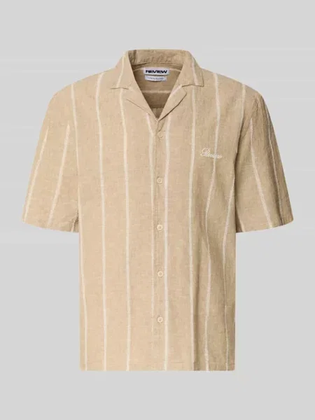 Koszula casualowa o kroju regular fit z mieszanki bawełny i lnu z kołnierzem z połami Review beżowa