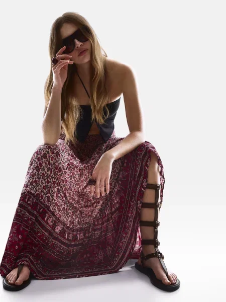 Bershka Spódnica Maxi W Stylu Boho Z Nadrukiem Kobieta Xs różowy