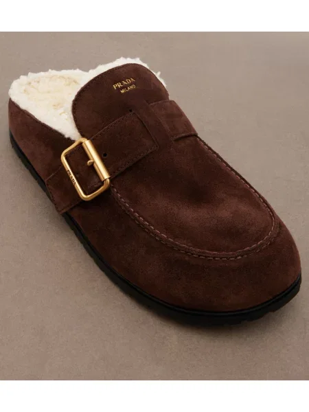 Papuci tip mules Prada din piele de căprioară maro