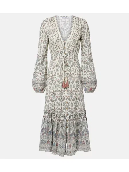 Midi obleka Veronica Beard z volani s paisley potiskom nad koleni bež
