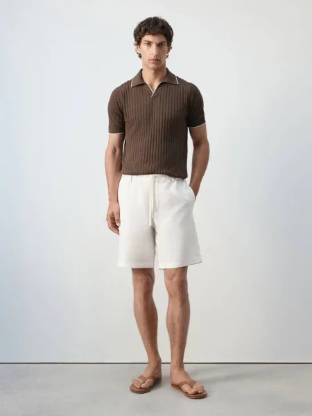 Bermudy relaxed fit z mieszanki bawełny i lnu złamana biel Mężczyzna 40 MANGO MAN