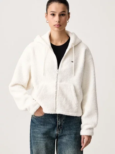 Tommy Jeans mikina na s kapucňou dámska flísová béžová