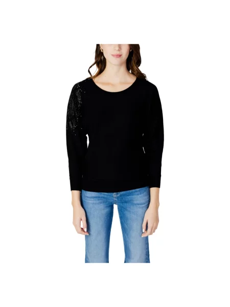 Sweter z dzianiny z obszyciem ozdobnymi kamieniami model ‘LESLIE’ Guess czarny