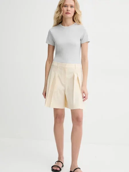 Лляні шорти Theory однотонні висока посадка бежевий