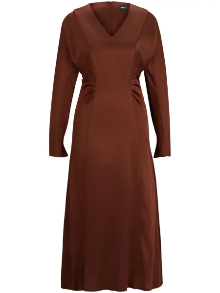 Rochie midi Boss din satin cu decolteu în V până la genunchi maro