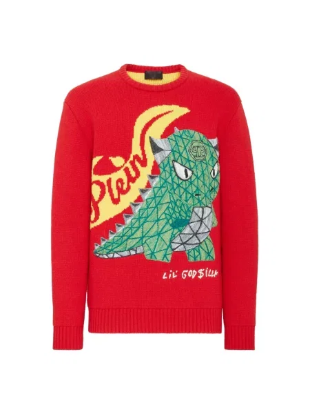 Sweter Philipp Plein wełniany z okrągłym dekoltem czerwony