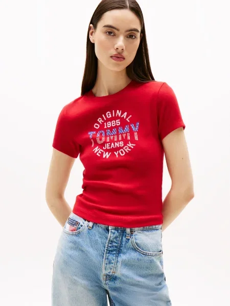 Tommy Jeans Tričko New York modrá šedobiela červená