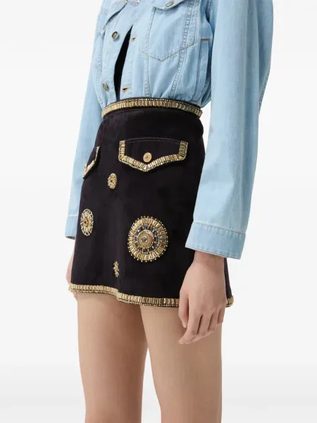 Fusta mini Versace cu broderie din piele de căprioară negru