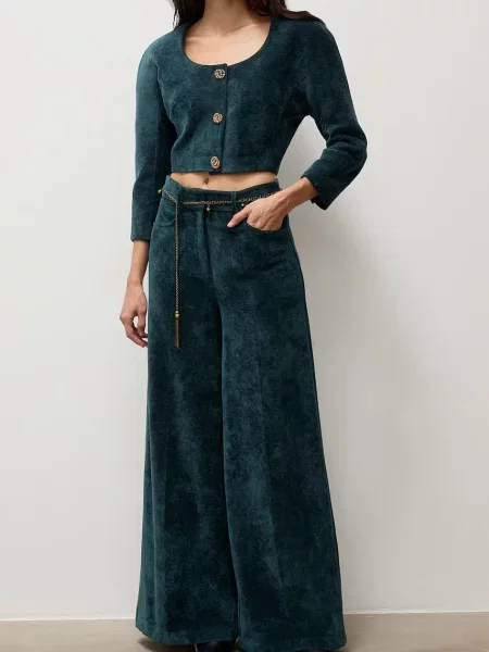 Answear.LAB pantaloni wide leg pentru femei din catifea reiată verde