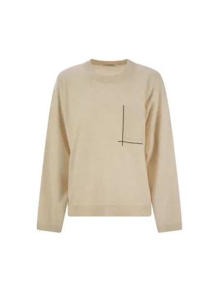 Sweter Brunello Cucinelli wełniany z okrągłym dekoltem beżowy
