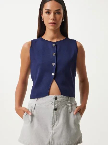 Happiness İstanbul Vestă tricotată închis albastru