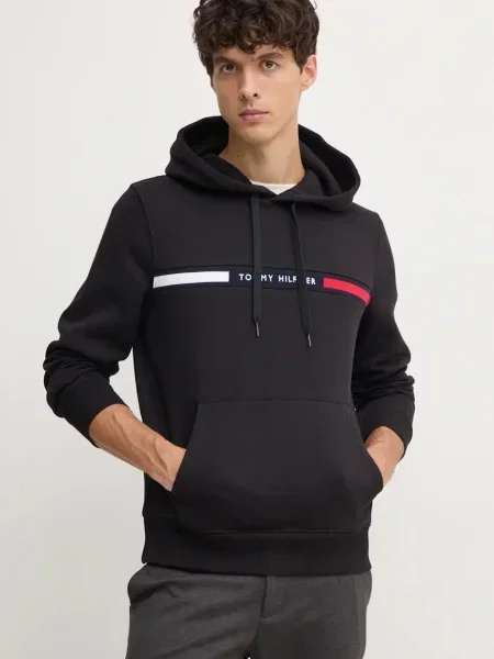 Dukserica Tommy Hilfiger za muškarce s kapuljačom s aplikacijom crna