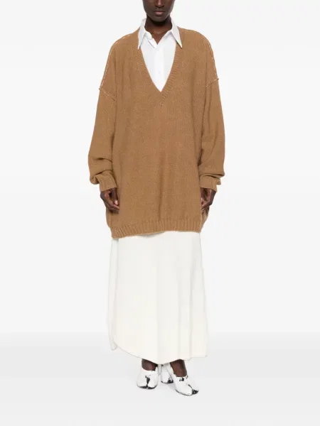 Pulover Mm6 Maison Margiela cu decolteu în V maro