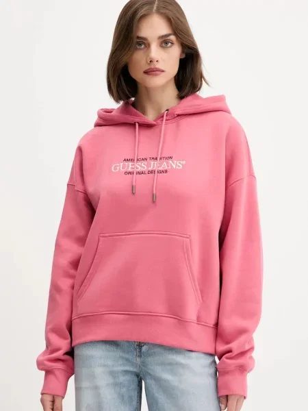 Guess Jeans bluza z kapturem z aplikacją różowy