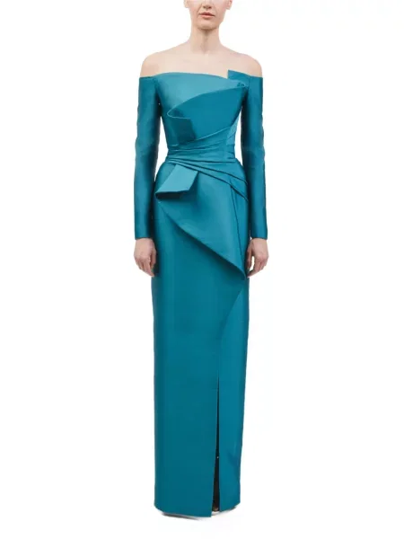 Rochie maxi Rami Al Ali drapată cu umerii deschiși verde