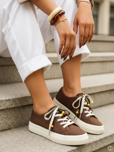 Sneakersy typu tenisówki z ozdobnymi koralikami cappuccino Dstreet