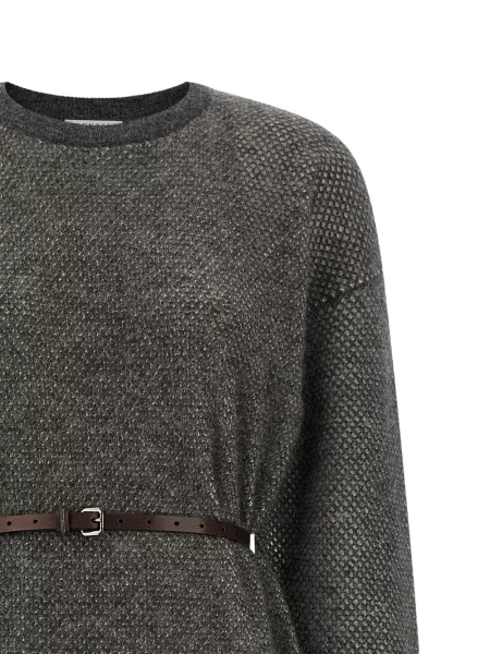Cu centură rochie midi Brunello Cucinelli tricotate gri