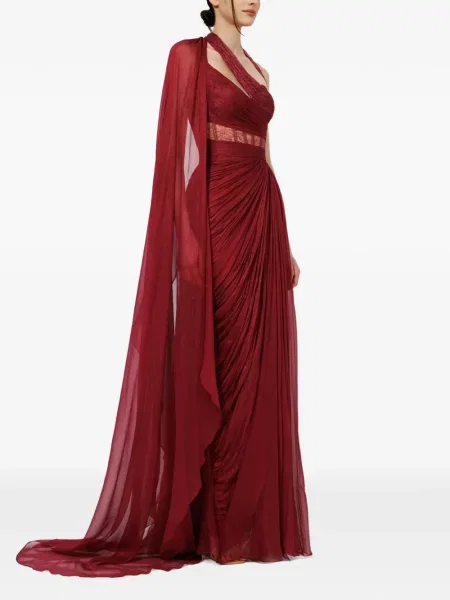 Rochie maxi Iris Serban asimetrică din dantelă de costum roșu