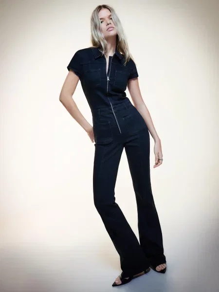 Bershka Długi Kombinezon Jeansowy Kobieta S czarny