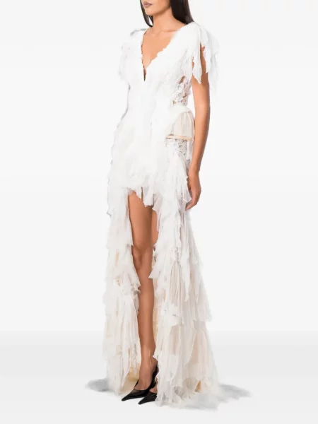 Rochie maxi Norina St cu volane din dantelă alb