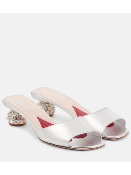 Papuci tip mules Roger Vivier din piele argintiu