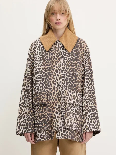 GANNI kurtka Printed Canvas Midi przejściowa brązowy