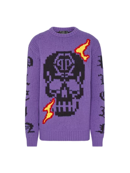 Sweter Philipp Plein wełniany z okrągłym dekoltem fioletowy