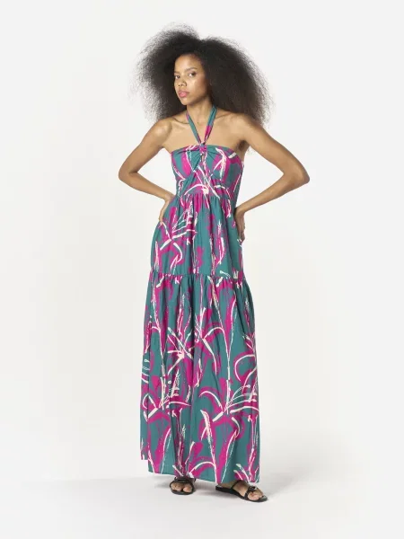 KOROSHI Rochie de vară verde smarald / fucsia alb