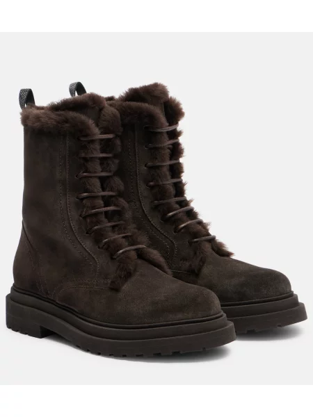 Botine Brunello Cucinelli cu șireturi din piele de căprioară maro