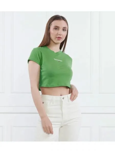 Tommy Jeans Póló TJW BBY CRP ESSENTIAL LOGO 3 SS | Cropped Fit zöld
