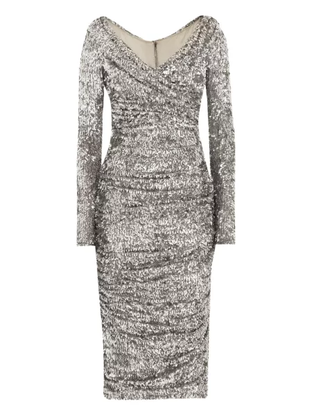 Rochie midi Dolce & Gabbana cu paiete drapată până la genunchi argintiu