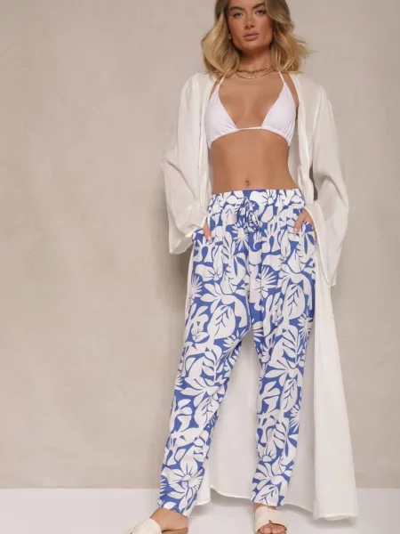 Spodnie z High Waist w Kwiatowy Wzór Niliannea niebieskie