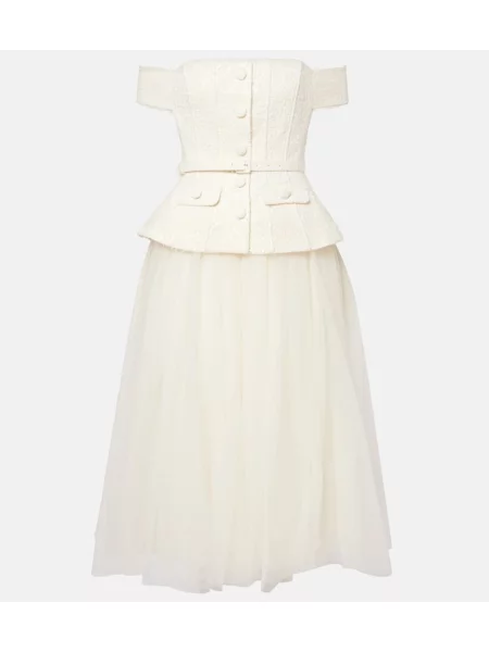 Sukienka midi Self-portrait z kokardką z baskinką do kolan biała