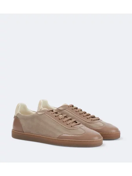 Sneakerși Brunello Cucinelli din piele cu model herringbone bej