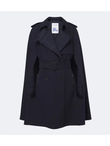Cu centură geacă Burberry de lână în carouri albastru