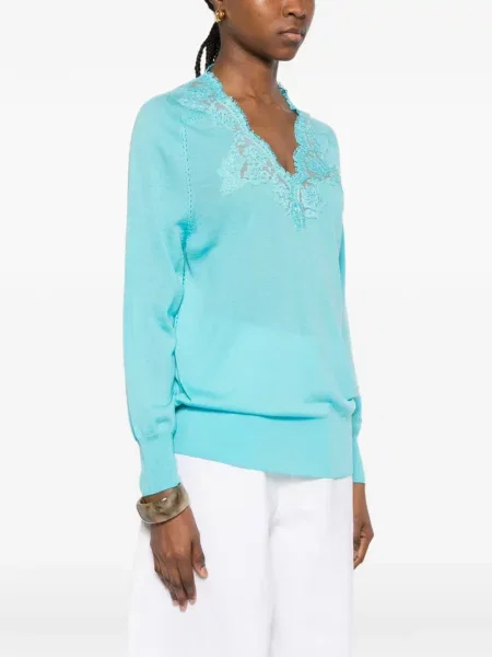 Top Ermanno Firenze z dekoltem w serek koronkowy niebieski