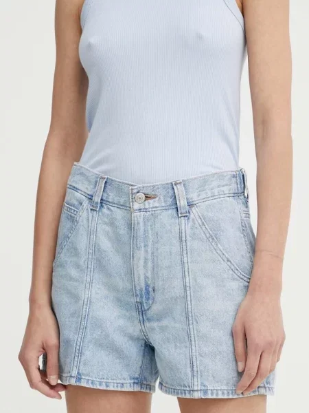 Дънков къс панталон Levi's CARPENTER SHORT с изчистен дизайн с висока талия синьо