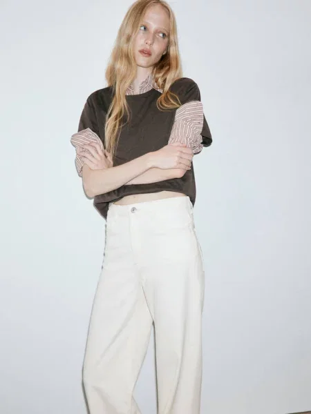Jeansy Danila wide leg z wysokim stanem kremowy / écru Kobieta 42 MANGO
