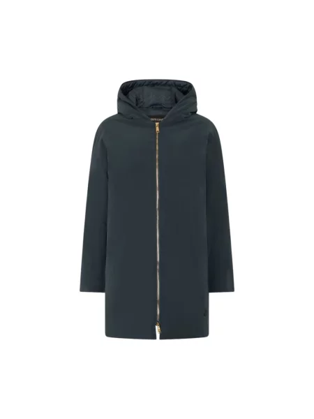 Lniana kurtka puchowa Roberto Cavalli z kapturem niebieska