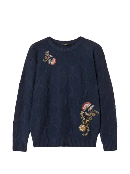 Pulover Twinset cu broderie de lână cu model floral albastru