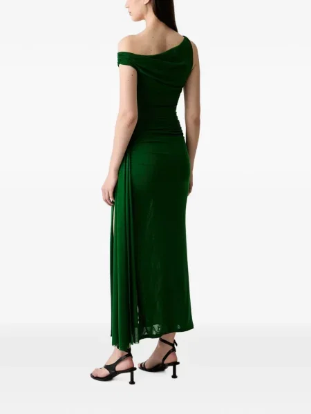 Rochie maxi Bardot cu volane cu un umăr gol verde