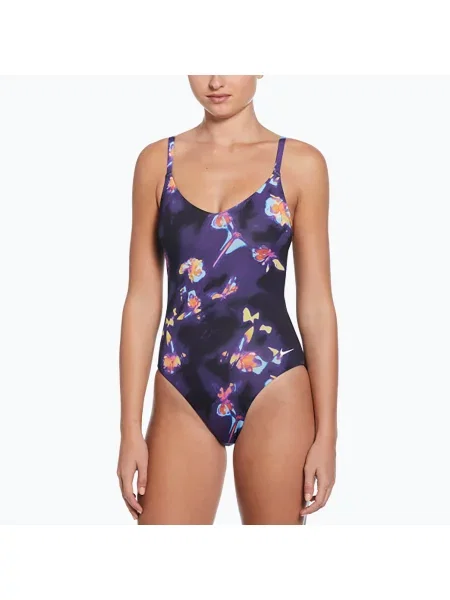 Jednodílné plavky Nike Floral Blur V-Neck black černé