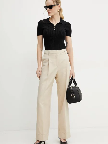 BOSS Orange spodnie z domieszką lnu proste high waist beżowy